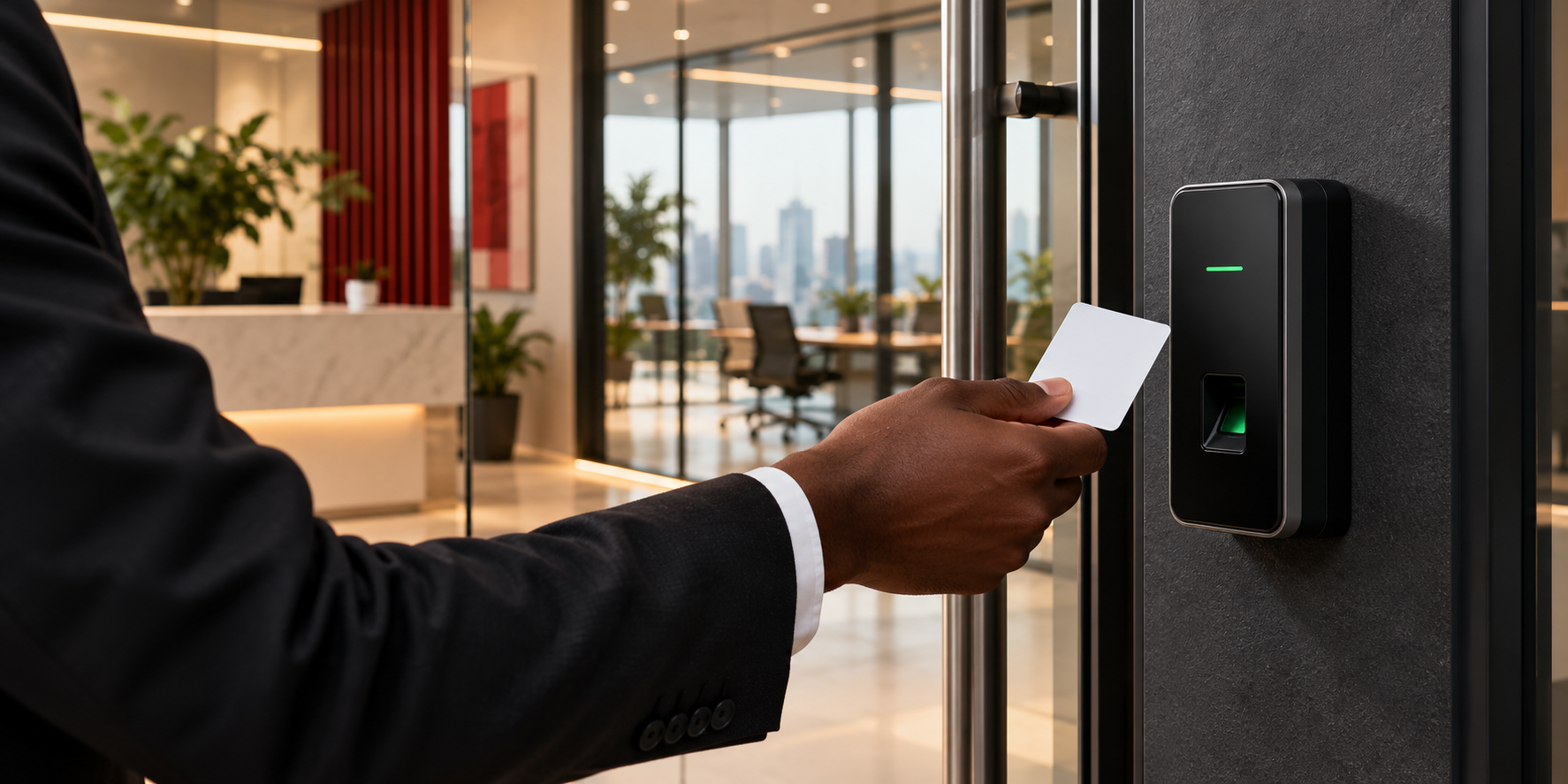 Illustrative office scene showing a card presented to an electronic access reader beside a glass entrance